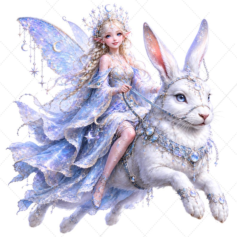 May include: A digital illustration of a fairy riding a white rabbit. The fairy has long blonde hair, a crown, and a flowing blue dress. The rabbit is adorned with jewels and a bridle. The background is white.