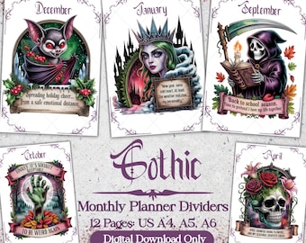 Funny Gothic Monthly Planner Dividers, Sarcastic Printable PDF (Digital Download)