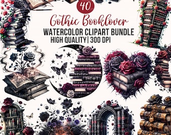 Dark Floral Book Stack Skull Roses Clipart, Romantic Gothic Books, Dark Academia Floral Spooky Bookish PNG Digital Download