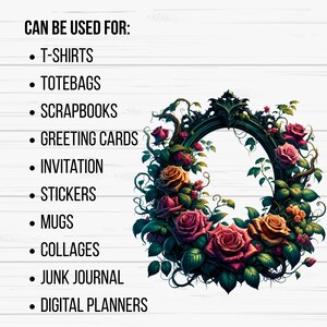 May include: A floral wreath design with red and orange roses, green leaves, and a dark green frame. Text lists applications: T-shirts, totebags, scrapbooks, greeting cards, invitations, stickers, mugs, collages, junk journals, and digital planners.
