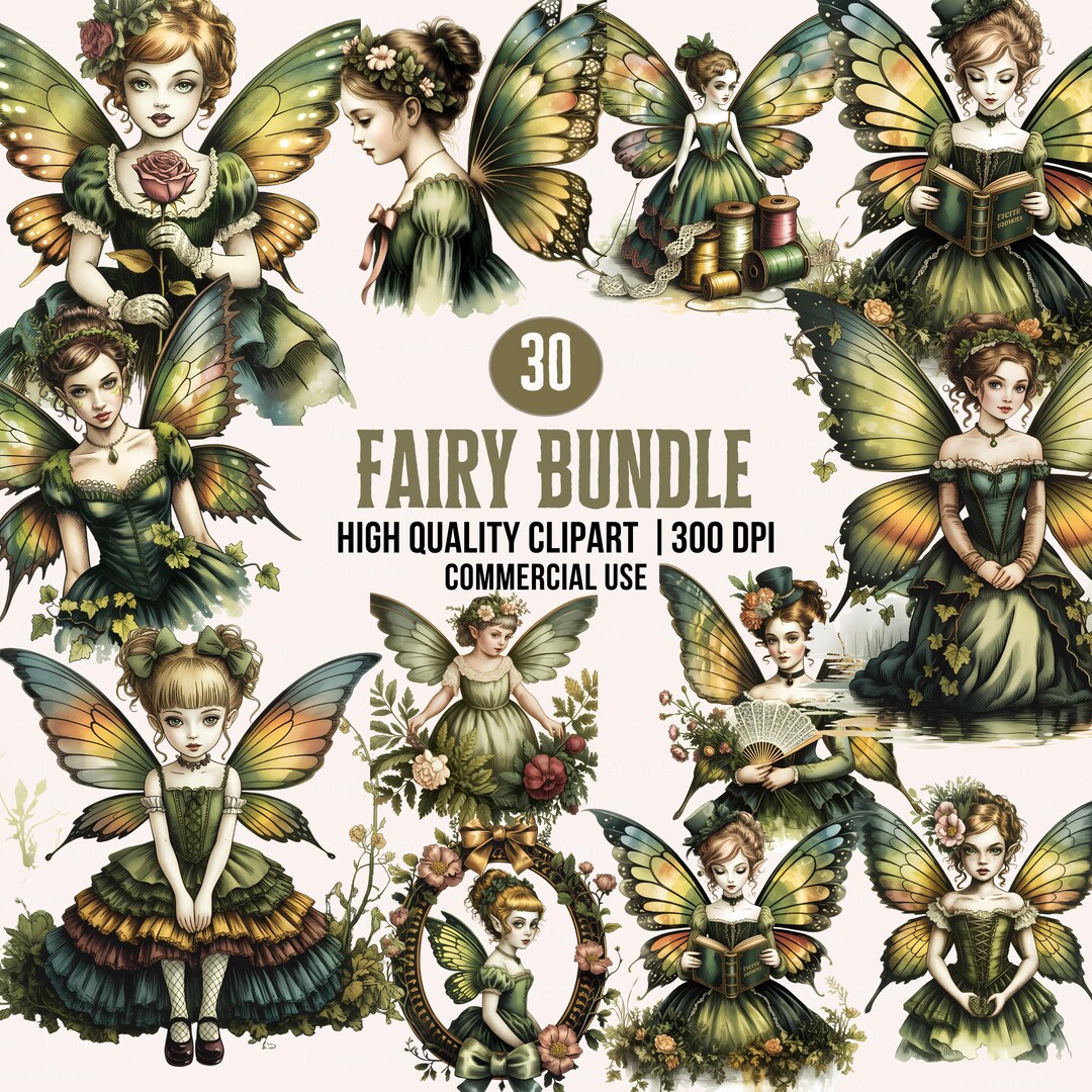 Vintage Fairy Clipart, Green Fantasy PNG Bundle, Junk Journal (digital ...