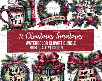 Peut inclure: Un ensemble de cliparts aquarelle sur le thème de Noël. L'image comprend une tasse avec "Smutmas Fuel", une couronne, une étoile, une boîte cadeau et un nœud. Le texte comprend "16 Christmas Smutmas", "Watercolor Clipart Bundle", et "High Quality | 300 DPI".