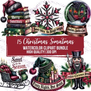 May include: A watercolor clipart bundle with a Christmas theme. The image features a stack of books with a Santa hat, a snowflake, a snow globe, a sleigh, an elf hat, and a nutcracker. Text includes "Merry Smutmas" and "Frosty Nights, Hot Smut."