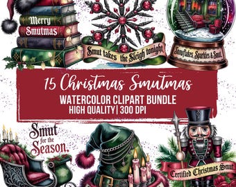 May include: A watercolor clipart bundle with a Christmas theme. The image features a stack of books with a Santa hat, a snowflake, a snow globe, a sleigh, an elf hat, and a nutcracker. Text includes "Merry Smutmas" and "Frosty Nights, Hot Smut."