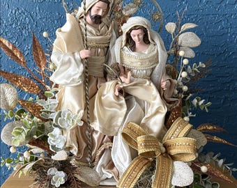 Nativity centerpiece, Christmas Centerpiece Designer ribbon bow, Flocked eucalyptus. Holiday table decor