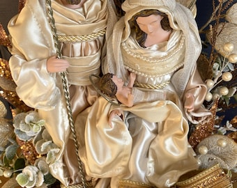 Elegant Nativity centerpiece, Designer ribbon bow, Flocked eucalyptus. Holiday table decor
