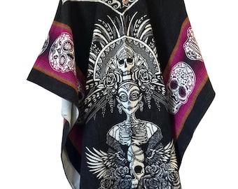 Day of the Dead Hooded Poncho | Sugar Skull La Catrina Woven Cape | Boho Gothic Festival Wrap | Día de los Muertos Blanket Poncho
