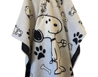 Snoopy Hooded Poncho for Adults | Cozy Knit Cartoon Poncho | Soft Fringe Cape | Unisex Hooded Wrap | Gift for Dog Lovers