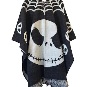 Jack Skellington Poncho – Handmade in Ecuador, Gothic Boho Hooded Shawl, Nightmare Before Christmas Clothing