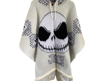 Jack Skellington Wool Poncho – Handmade in Ecuador, Gothic Boho Cape, Nightmare Before Christmas Clothing