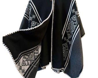 Wool & Acrylic Poncho, Hooded Andean Cape, Handmade Ecuadorian Woven Outerwear