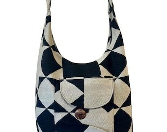 Black White Boho Shoulder Bag – Tribal Pattern Acrylic-Cotton Hobo Sling Purse
