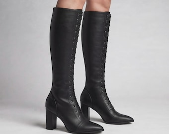 Botas altas de cuero auténtico negro con cordones / Botas de montar de tacón de bloque con punta afilada para mujer / Botas largas premium hechas a mano
