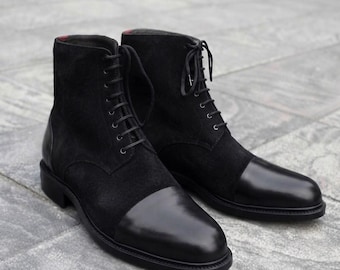 Men’s Black Suede Cap Toe Boots | Genuine Leather Lace-Up Ankle Boots | Handcrafted Dress Boots for Men | Premium Gift for Him