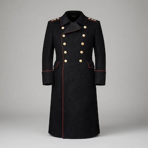 May include: A black wool coat with a double-breasted design. The coat features gold buttons, red trim along the edges, and epaulettes. The coat is a long, full-length style.