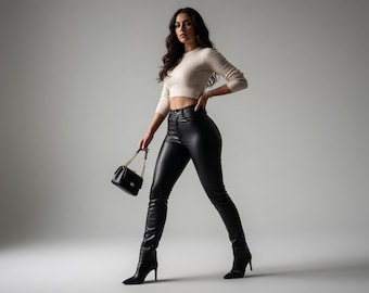 Premium originele leren damesbroek | Slim-fit broek met hoge taille | Stijlvolle zwarte leren broek voor vrijetijds- en avondkleding
