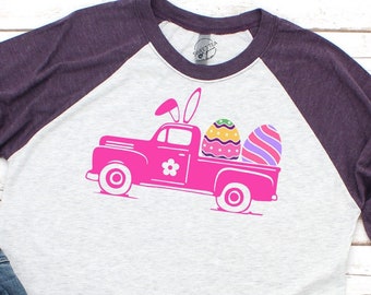 Easter Truck Shirt -Easter Egg Shirt - Easter Farmhouse Truck Tee - Womens Easter T Shirt -Easter Truck Raglan  - Adult Easter Shirt