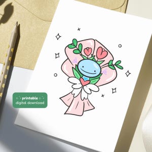 Axolotl Bouquet Printable Card for Anniversary or Birthday, Cute Gift for Boyfriend or Girlfriend, Instant Digital Download