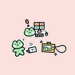 May include: Three die-cut stickers featuring light green frogs in various scenarios: one at a computer with a four-panel screen, one standing next to a small laptop with a question mark, and one holding a yellow camera displaying two frogs on the screen.