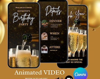 Invitación en video de cumpleaños con champán, invitación electrónica digital para teléfono, elegante plantilla con tema formal en dorado negro, champán divertido para cualquier edad para hombre.