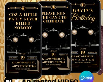Puede incluir: Tres pantallas de teléfonos inteligentes que muestran invitaciones de fiesta de cumpleaños con temática de Gatsby. Las invitaciones en negro y dorado presentan diseños art déco y texto como "Coz a Little Party Never Killed Nobody". La fecha es el 19 de agosto.