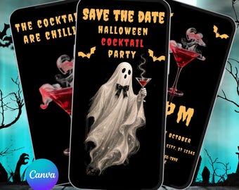 Puede incluir: Tres teléfonos inteligentes muestran una invitación digital para una fiesta de cóctel de Halloween. La pantalla central presenta un fantasma con pajarita negra sosteniendo una copa de martini roja, con el texto SAVE THE DATE HALLOWEEN COCKTAIL PARTY.