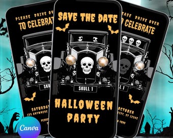 Puede incluir: Una invitación digital mostrada en tres pantallas de smartphone con un coche antiguo negro y una calavera en la rejilla del radiador. El texto dice SAVE THE DATE, HALLOWEEN PARTY y PLEASE DRIVE OVER TO CELEBRATE en letras naranjas.