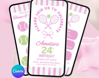Puede incluir: Tres teléfonos inteligentes muestran una invitación digital a rayas rosas y blancas para una fiesta de cumpleaños con temática de tenis. La pantalla presenta raquetas de tenis cruzadas, un lazo y el texto Please Join Us To Celebrate Amelia's 24th Birthday.