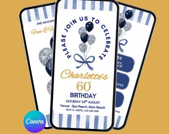 Plantilla de invitación animada elegante con globos azul marino y dorados para cumpleaños o eventos. Invitación MP4 para mensajería instantánea. Invitación moderna y clásica.
