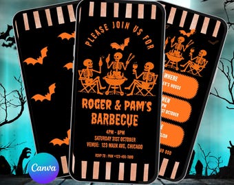 Puede incluir: Una plantilla de invitación digital de Halloween en tres pantallas de smartphone. El diseño muestra esqueletos naranjas haciendo barbacoa, murciélagos y el texto: Please join us for Roger & Pam's Barbecue, 4pm-8pm, Saturday 31st October, 123 Main Ave, Chicago.