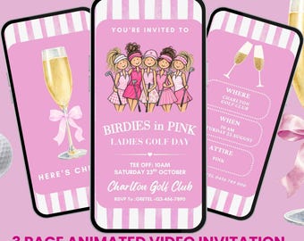 Puede incluir: Una plantilla de invitación digital de tres páginas con un tema de rayas rosas y blancas. El diseño incluye ilustraciones de cinco mujeres con ropa de golf, copas de champán con lazos rosas y una pelota de golf. El texto incluye Birdies in Pink Ladies Golf Day, Charlton Golf Club y detalles del evento.