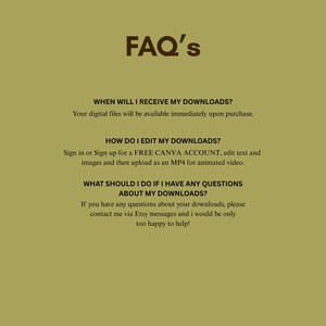 Puede incluir: Gr&aacute;fico digital con el texto "FAQ's" en marr&oacute;n. El texto proporciona respuestas a preguntas frecuentes sobre descargas digitales, incluyendo cu&aacute;ndo se reciben los archivos y c&oacute;mo obtener ayuda.