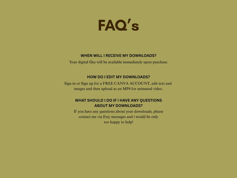 Puede incluir: Gr&aacute;fico digital con el texto "FAQ's" en marr&oacute;n. El texto proporciona respuestas a preguntas frecuentes sobre descargas digitales, incluyendo cu&aacute;ndo se reciben los archivos y c&oacute;mo obtener ayuda.