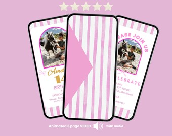 Puede incluir: Tres pantallas de smartphone que muestran una plantilla de invitación de cumpleaños digital con un fondo de rayas rosas y blancas. El diseño incluye una foto de una persona con un poni, texto dorado Amelie 14th Birthday y texto rosa.