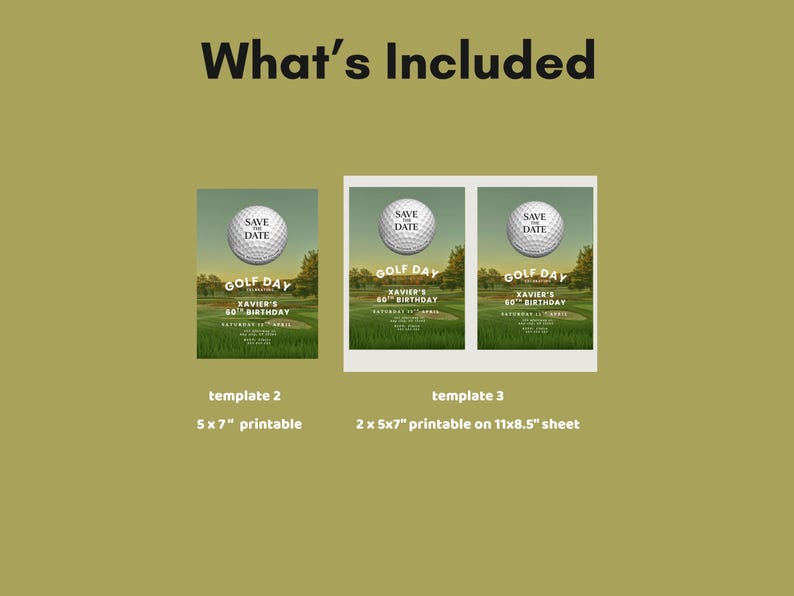 Puede incluir: Un conjunto de plantillas de invitaci&oacute;n titulado What's Included con tem&aacute;tica de golf. La plantilla 2 es un imprimible de 12,7 x 17,8 cm, y la plantilla 3 muestra dos imprimibles de 12,7 x 17,8 cm en una hoja de 27,9 x 21,6 cm con texto.