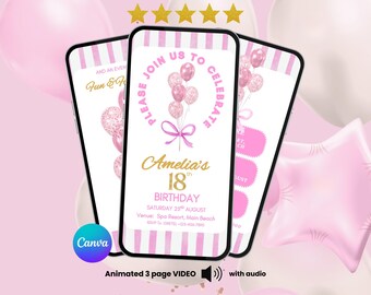 Puede incluir: Una invitación digital mostrada en tres pantallas de teléfono con un fondo de rayas rosas y blancas. El texto dice Please Join Us To Celebrate Amelia's 18th Birthday el sábado 25 de agosto en Spa Resort, Main Beach con detalles de RSVP.