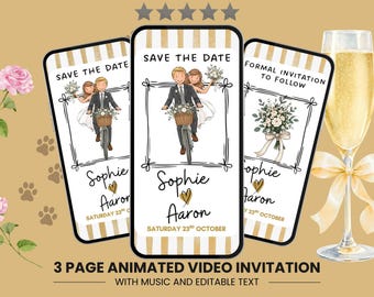 Puede incluir: Tres pantallas digitales que muestran una invitación de boda con una pareja de dibujos animados en bicicleta, ramos de flores y el texto "SAVE THE DATE", "Sophie", "Aaron" y "SATURDAY 23RD OCTOBER" sobre un fondo de rayas doradas.