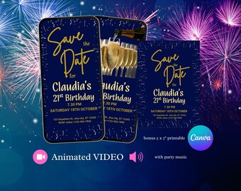 Video de invitación de cumpleaños "Save the date" en azul marino con champán. Texto editable para móviles. Sube un archivo MP4 o JPG. Incluye descarga instantánea imprimible.