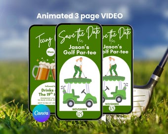 Puede incluir: Tres pantallas de smartphone que muestran una invitación digital animada para el Golf Par-tee de Jason. El diseño en tonos verdes incluye un golfista, un carrito de golf, jarras de cerveza y el texto Save the Date, 18 de noviembre y 19th hole.