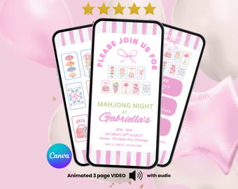 Puede incluir: Tres teléfonos inteligentes muestran una invitación digital a rayas rosas y blancas para una noche de Mahjong en Gabriella's. La pantalla presenta un lazo rosa, varias ilustraciones de fichas de Mahjong y detalles del evento.