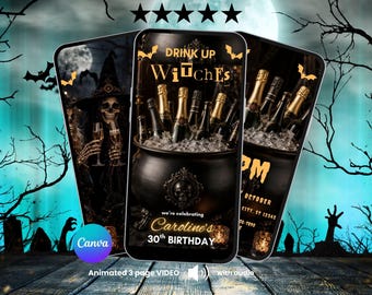 Puede incluir: Tres pantallas de smartphone que muestran una invitación de cumpleaños digital con temática de Halloween. La pantalla central presenta un caldero negro lleno de botellas de champán y hielo, con el texto DRINK UP WITCHES y Caroline's 30th BIRTHDAY.