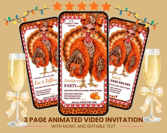 Puede incluir: Una invitación de video animada de tres páginas con un pavo vestido con plumas naranjas, perlas y un bolso con estampado de leopardo. El texto dice: It's Turkey Time Again, Friendsgiving Party, Saturday 14th December 2026 at 12pm, The Links Golf Club, 123 Fairway Drive, Palm Beach QLD, RSVP: Jenny: 0455 555 555.