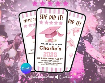 Puede incluir: Tres smartphones que muestran una invitación rosa para una fiesta de graduación. La invitación dice "She Did It!" con un gráfico de birrete y detalles para la fiesta de graduación de Charlie en 2026. Confeti rosa y un logotipo de Canva en el fondo.