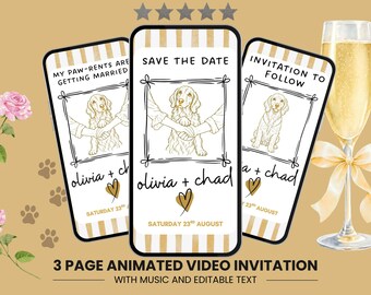 Puede incluir: Tres pantallas de teléfono inteligente que muestran una invitación de boda digital con un fondo de rayas doradas y blancas. Cada pantalla presenta un dibujo lineal de un perro, el texto "SAVE THE DATE", "olivia + chad" y "SATURDAY 23RD AUGUST".