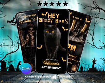 Puede incluir: Tres pantallas de smartphone que muestran una invitación de cumpleaños digital con temática de Halloween. La pantalla central presenta un gato negro, texto dorado que dice HEY CRAZY CATS y Hanna's 40th BIRTHDAY. Las pantallas laterales muestran un esqueleto.