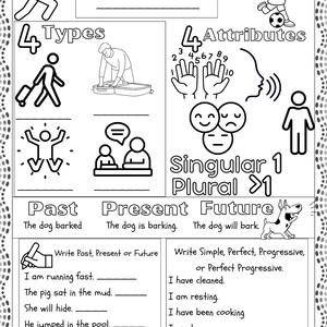 May include: Black and white worksheet titled "Week 2 Overview" with diagrams and exercises. It covers topics like types, attributes, singular/plural, and past, present, and future tenses. Includes a dog illustration and fill-in-the-blank sections.