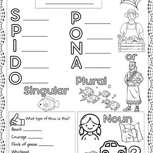 Puede incluir: Hoja de trabajo en blanco y negro titulada "WEEK 3 OVERVIEW" con secciones para completar, ilustraciones de una araña, un granjero y peces, y una sección que pregunta "What type of Noun is this?"