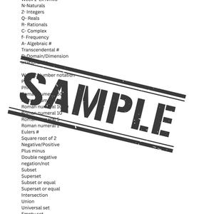 May include: A white flashcard with black text listing mathematical notations and symbols, including integers, reals, and complex numbers. The text is partially obscured by a black "SAMPLE" stamp.