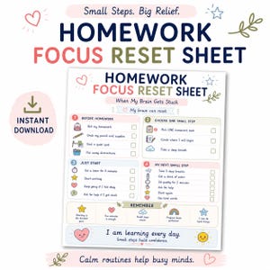 Homework Focus Reset Sheet Printable | ADHD Homework Help for Kids | Focus Checklist | Homework Struggles Support | Calm Study Routine