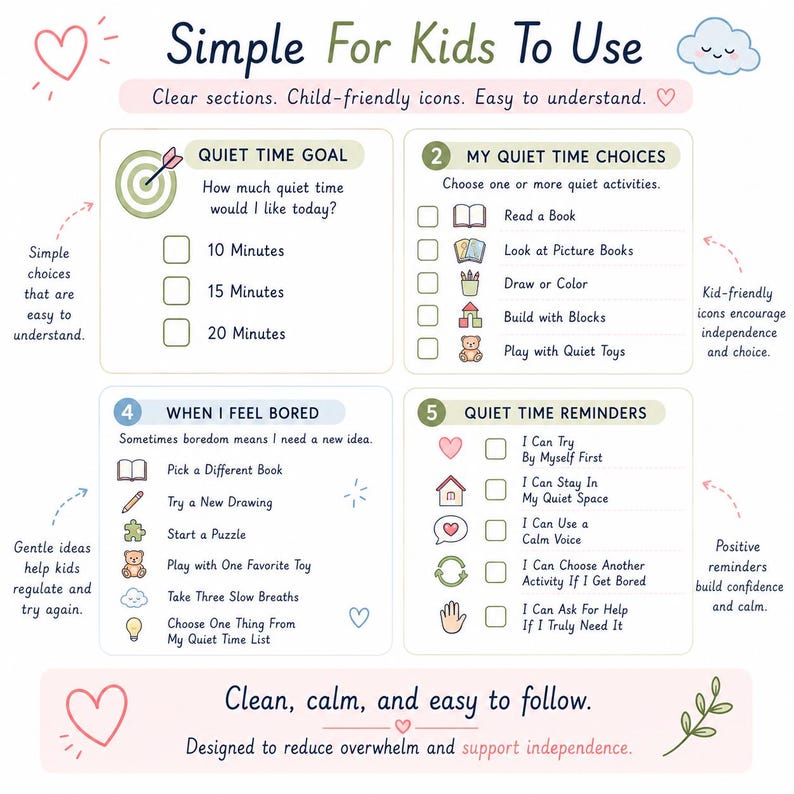 May include: A printable chart titled Simple For Kids To Use, featuring four sections: Quiet Time Goal, My Quiet Time Choices, When I Feel Bored, and Quiet Time Reminders. The layout includes checkboxes, icons, and text prompts to help children manage quiet time activities and emotions.
